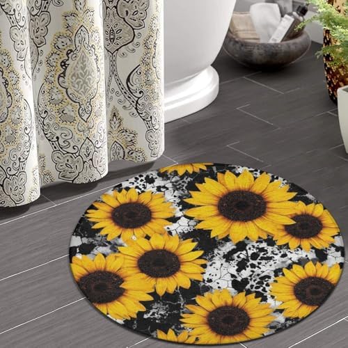 Highly Premium Quality Floor Mat, Office Chair Decor Mat, Room Sofa Yoga Soft Round Carpet 80s Vintage Cow Print Sunflowers, 60inch