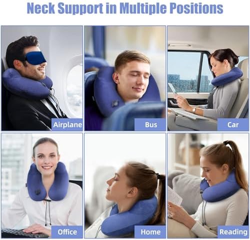 Inflatable Travel Neck Pillow for Airplanes, Super Soft Velvet Neck Support, Adjustable Firmness, Blow Up Plane Pillow for Long Flights, Road Trips, Travel Essentials with Eye Mask, Earplug