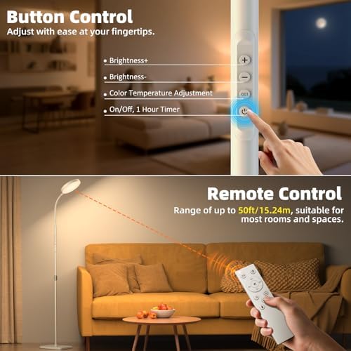 PACOVY Floor Lamp, Adjustable Height Floor Lamps for Living Room Bedroom, 252 LED Super Bright Standing Lamp Remote Control, Dimmable Gooseneck Tall Stand Reading Lamp Light for Office Craft, White