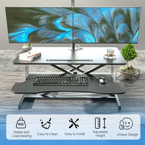 AQQHSAIN Standing Desk Converter 36 Inch Wide Sit to Stand Converter Desk Height Adjustable Riser with Keyboard Tray Laptop and Dual Monitor Desktop Workstation Riser for Home Office Computer