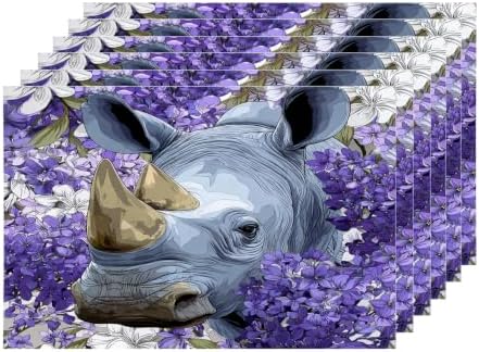 Shrahala Wild Rhinoceros Placemats, in Purple Flowers Table Mat Linen Burlap Washable Double-Deck Heat Insulation for Dining/Kitchen Table Set of 6 (12 X 18 Inch)