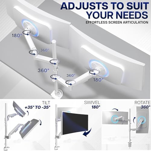 VIVO Dual Monitor Arm Extra Tall Mount for Screens up to 32 inches, Mechanical Height Adjustment, Full Articulating Heavy Duty VESA Stand with Desk C-clamp and Grommet, White, STAND-V012KW