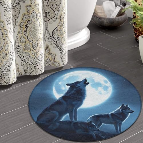 Large Machine Washable Circular Rugs, Home Decor Round Mat for Living Room Sofa Office Full Moon Howling Wolves