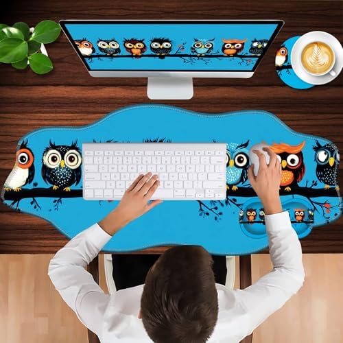 Mouse Pad with Wrist Support + Desk Mat + Coaster 3 in 1 Set, XXL Large Gaming Mousepad Ergonomic Mouse Pads for Desk Computer Laptop Office,Cute Owls on a Branch