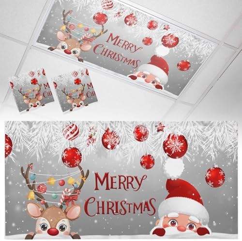 Santa Claus Magnetic Fluorescent Light Covers for Ceiling Lights 2 x 4 Feet,Red Grey Christmas Elk Ball Pine Silver Office Classroom Kitchen Drop Ceiling Light Covers Filters Shade Panel 2 Packs