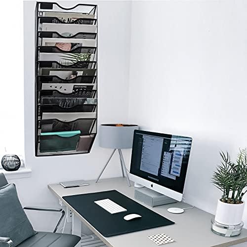 EASEPRES 10 Pocket Mesh Hanging Wall File Organizer, Wall Mounted Mail Paper Document Folder Holder, Clipboard Storage Organization Magazine Rack with Nametag Label for Office Home School, Black