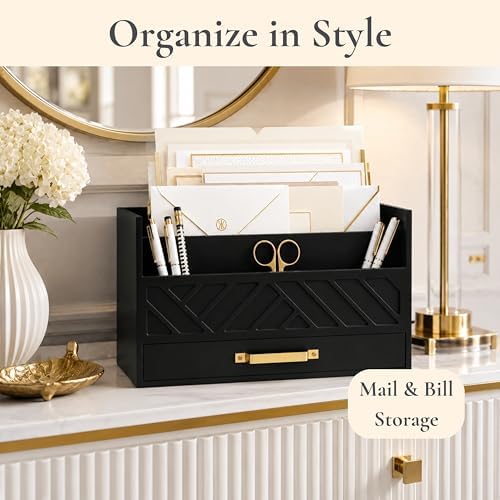 BLU MONACO | Wooden Mail Organizer with Drawer and Gold Handle | Mail Sorter Organizer Countertop for Desk | Outgoing Mail Holder and Letter Sorter for Desk Storage