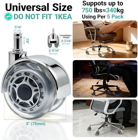Clear Gray Office Chair Wheels, 3 inch Dual Roller Wheels for Office Chair Set of 5, Quiet & Smooth Office Chair Casters for Carpet, Hardwood Floors, Universal Fit 11x22mm