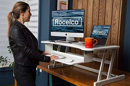 Rocelco 37.5" Deluxe Height Adjustable Standing Desk Converter - Quick Sit Stand Up Dual Monitor Riser - Gas Spring Assist Computer Workstation - Large Retractable Keyboard Tray - White (R DADRW)