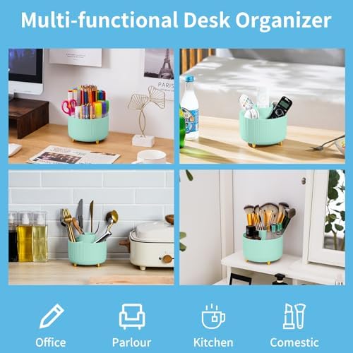 Marbrasse Desk Organizer, 360-Degree Rotating Pen Holder, Desk Organizers and Accessories with 5 Compartments Pencil Holder, Art Supply Storage Box Caddy for Office, Home (Mint Green)