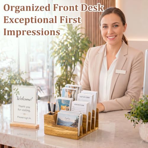 Novabright Acacia Wood Desk Organizer with Pen Holder, 6 Slot Mail Sorter