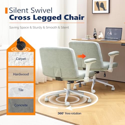 VINGLI Criss Cross Chair with Adjustable Flip-Up Arms,Cross Legged Chair with Wheels, Extra Wide Office Chair,Cozy Desk Chair for Home Office, Vanity, Apartment,Chenille Velvet,Light Blue-Green