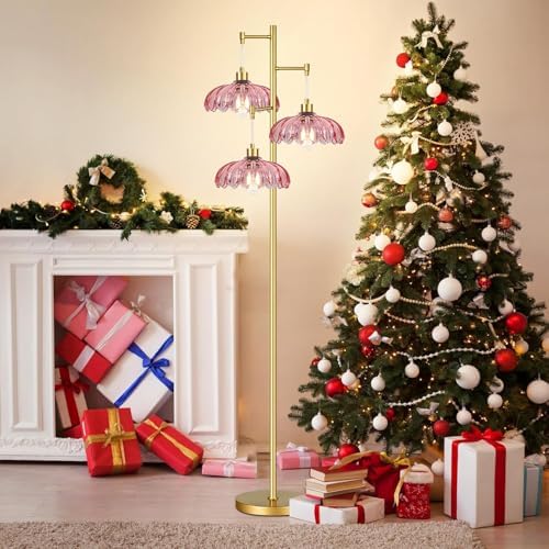 Vintage Floor Lamps for Living Room Bedroom-3 Light Glass Floor Lamp with Three Led Bulb, Tall Flower Floor Lamp Gold Mid Century Modern Standing Lamp Tree Floor Lamps for Living Room Bedroom Corner