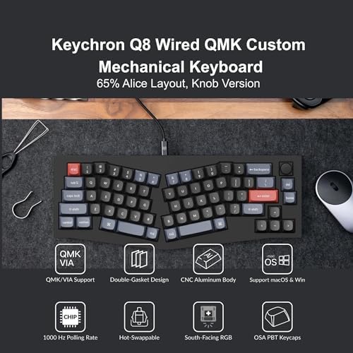Keychron Q8 Wired Custom Mechanical Keyboard with Knob, 65% Alice Layout QMK/VIA Programmable, Hot-swappable Gateron G Pro Brown Switch, Double Gasket Compatible with Mac Windows Linux (Black)
