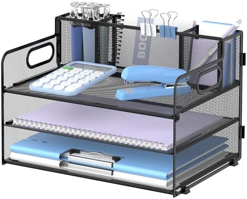 3-Tier Desk Organizer with Pen Holder and Handles, Paper Organizer, Black