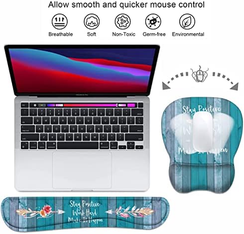 Mouse Pad Wrist Support and Keyboard Wrist Rest Set with Coasters, Stay Positive Work Hard and Make It Happen Inspirational Quote Non-Slip PU Base Ergonomic Mousepad for Home Office Working Studying