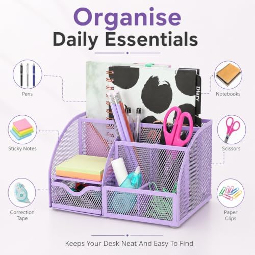 Exerz Metal Mesh Desk Organizer 7 Compartments with Drawer Light Purple