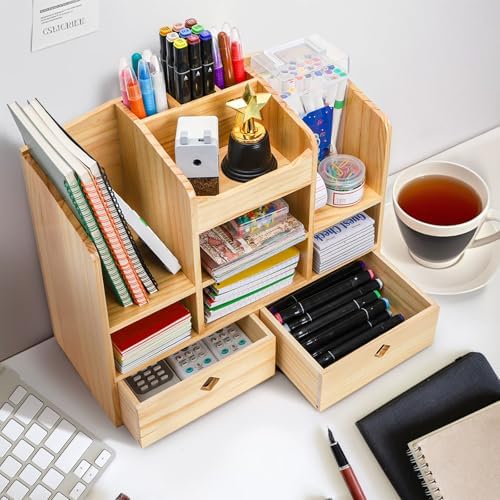 Wooden Desk Organizer with Drawers, 10 Compartments