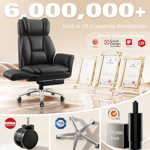 Big and Tall Office Chair, Flip Armrests for Pets & Cross Legged Sitting, Ergonomic Leather Executive Desk Chair with Foot Rest, High-Back Reclining Computer Chairs for Home Office Gaming, Black