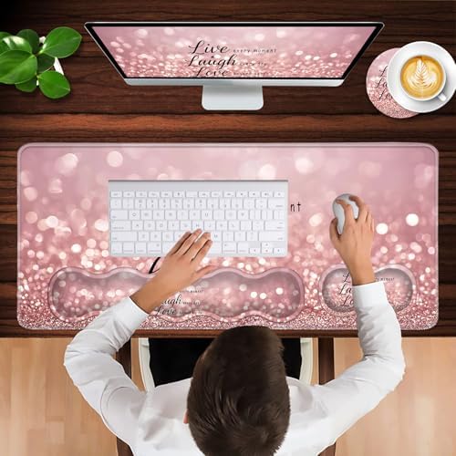 Keyboard Wrist Rest and Mouse Pad with Wrist Support Set Ergonomic Coaster,Memory Foam,Easy Typing Pain Relief,Large XL Desk Mat 31.5"x 11.8",Rose Gold Glitter Quote Live Laugh Love
