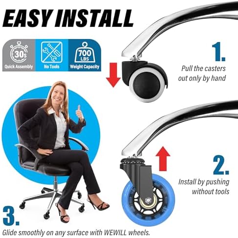 WEWILL Office Chair Wheels - Rubber Casters Replacement Universal Fit 98% Chair(Set of 5) Heavy Duty 3 Inch Smoothly & Quietly Safe for All Floor, Hardwood, Tile, Carpet, Noise Free - Blue