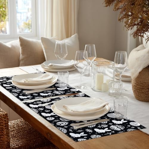 Shrahala Easter Eggs Rabbits Set of 8 12 X 18 Inch Linen Placemats, Black White with Eggs Rabbits Burlap Table Mat Washable Double Layered Heat Insulation for Indoor/Outdoor