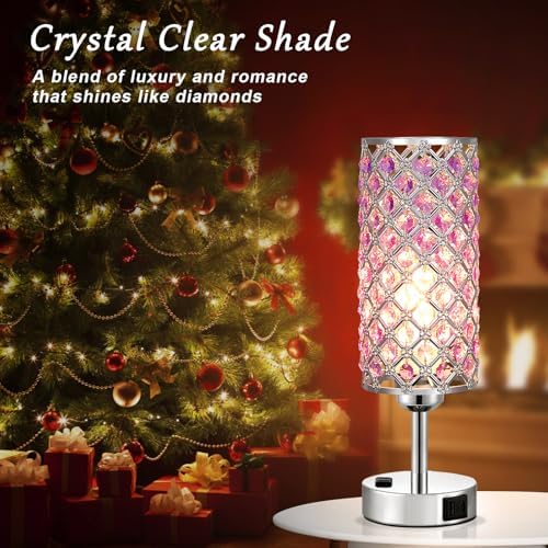 Hong-in Crystal Lamps Set of 2, 3 Way Dimmable Touch Lamp with Crystal Shade, Bedside Nightstand Lamps for Living Room Bedroom Home Office(Purple)