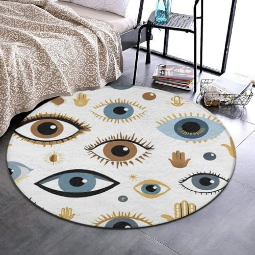 Large Home Decor Mat, Soft Round Yoga Carpet, Non Slip Machine Washable Home Office Circle Rug Evil Eye