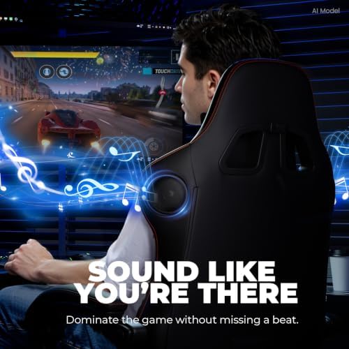 GTPLAYER ACE-PRO Music Gaming Chairs – Built-in Speakers, App Support & Bluetooth Control, Computer Game Chairs with Footrest for Adults, Ergonomic, Reclining, Linkage Armrest, Black & Red Stitch