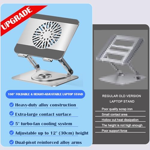 360° Rotating Adjustable Laptop Stand with Cooling Fan, Foldable Dual-Bar Support Height Tilt Angle Cooling Laptop Stand for Desk Pad Laptop Riser Heat Dissipation Stand Fit 10-17.3" Device