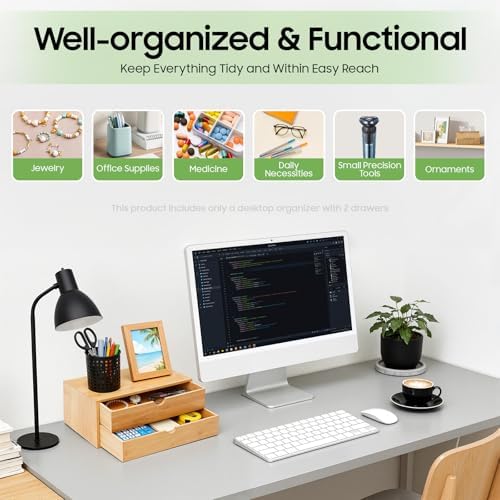 Bamboo Desk Organizer with 2 Drawers, Natural Wood Tabletop Storage Box | No-Assembly Countertop Drawer for Office Home Makeup Jewelry Stationery