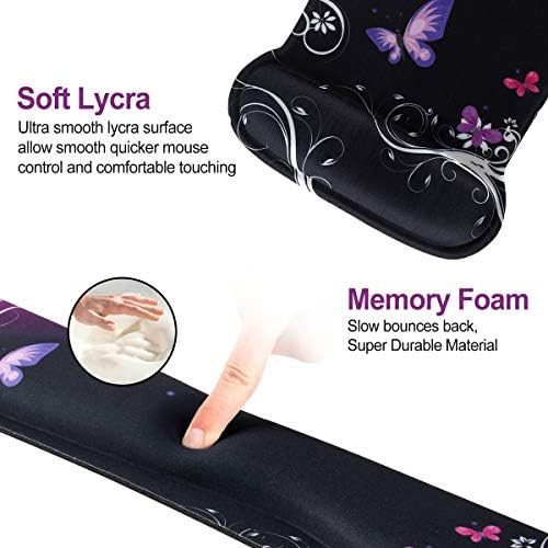 ToLuLu Keyboard Wrist Rest Pad Ergonomic Mouse Pad Set, Mouse Pad for Computer Laptop, Non Slip Mousepad Keyboard Wrist Support with Raised Memory Foam for Easy Typing Pain Relief, Purple Butterfly