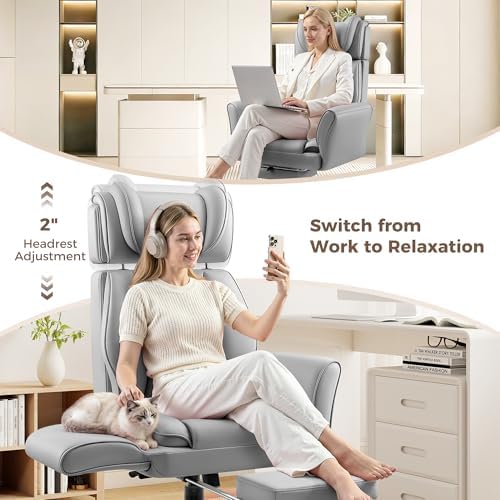 Big and Tall Office Chair, Flip Armrests for Cross Legged Sitting, Ergonomic Leather Executive Desk Chair with Foot Rest, High-Back Reclining Computer Chairs for Office Home Game - Light Gray