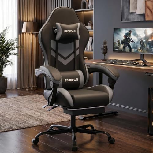 Gaming Chair with Footrest & Massage Lumbar Support, PU Leather Ergonomic High Back Swivel Height Adjustable Chair for Adults, Office Gaming, 300 lbs (Black Grey)
