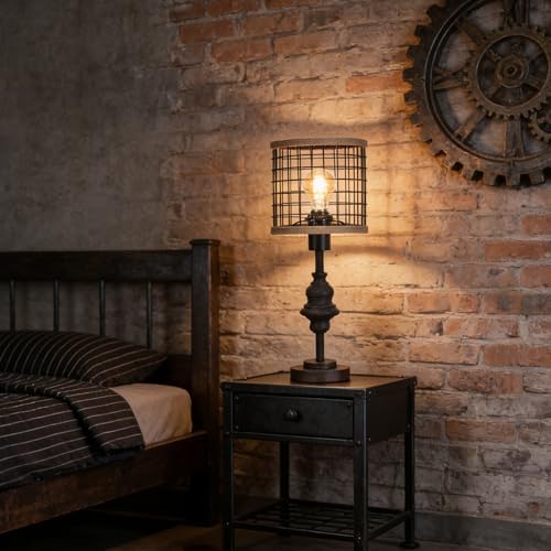 Black Industrial Metal Mesh Table Lamp, 20" Tall Farmhouse Bedside Lamp with Burlap Trim, 5ft Brown Cord & Rotary Switch, E26 Bakelite Socket for Bedroom Living Room
