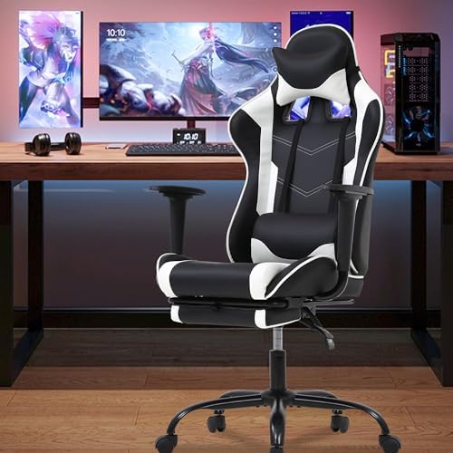 Gaming Chair, High Back PU Leather Gaming Chairs Computer Chair with Headrest & Lumbar Support, Height Adjustable Wide Seat Gaming Chairs for Adults, Game Chair with Footrest & Armrest