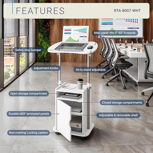 Techni Mobili Adjustable Laptop Cart w/Storage, Rolling Mobile Desk, White