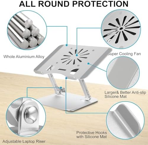Adjustable Laptop Stand with Cooling Fan, Aluminium Alloy Multi-Angle Computer Holder for Desk, Portable Notebook Metal Mount Compatible with MacBook, Air, Pro, Dell, Alienware All Laptops 11"-17.3"