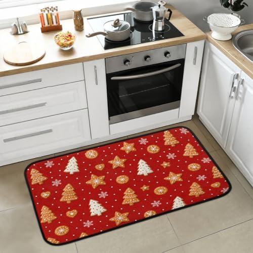 Christmas Door Mat Kitchen Mats, Christmas Red Gingerbread Tree Door Rugs, Cushioned Anti Fatigue Absorbent Kitchen Rug, Non-Slip Standing Desk Mat, Front Door Rug for Floor, Office, Sink, 20"×39"