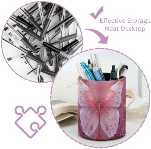 Leather Pen Holder for Desk, Pink Butterfly Pencil Cup Pen Organizer Makeup Brush Holder for Office Home Kids Countertop Desk Accessory Storage