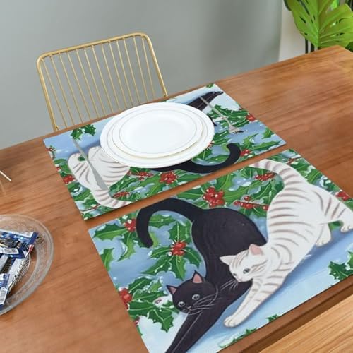 Cloth Placemats Set of 6 for Dining Table, Cat Stretching Kitchen Placemats Heat Resistant Place Mats Linen Washable Table Mats, 12x18 in