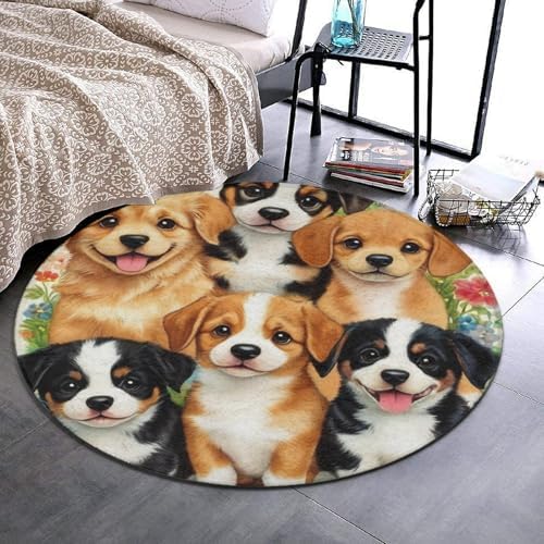 Women's Large Home Decor Mat, Soft Round Yoga Carpet, Non Slip Machine Washable Home Office Circle Rug Puppy