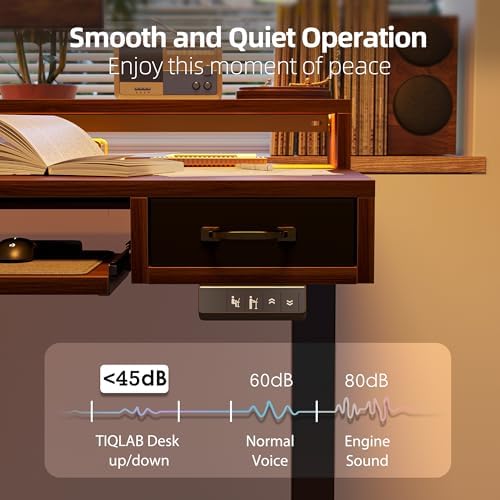 TIQLAB Standing Desk with Two Drawers, Stand Up Standing Desk Adjustable Height, Electric Sit Stand Table with Storage Shelf and Splice Board, with LED Light, 47 * 28 inch, Black Walnut