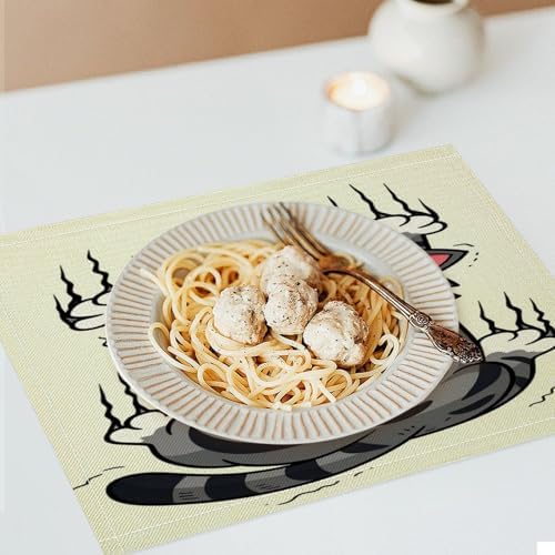 Cute Cat Stretching with Claws Out Linen Placemats Set of 1PCS, Heat Resistant Non-Slip Washable Table Placemats for Dining Everyday Use Hotel Banquet Home Decor