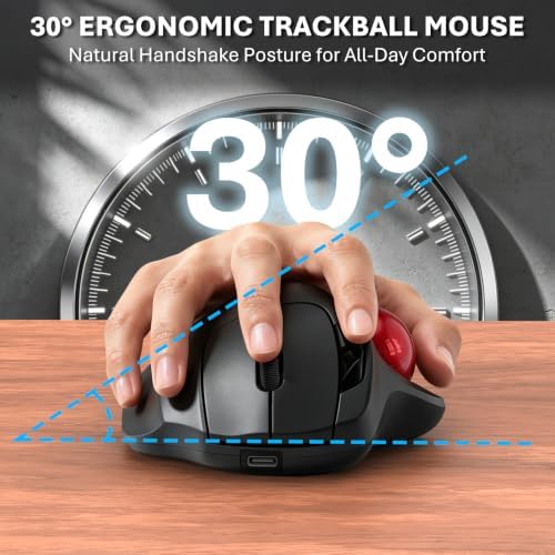EDJO Wireless Trackball Mouse, Ergonomic Mouse with 30° Tilt, 5 DPI, Red