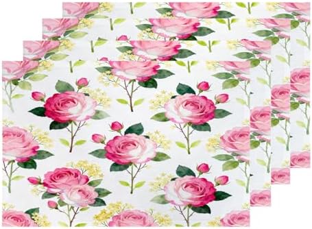 Shrahala Beautiful Rose Flower Placemats, Beautiful Flower Elegant Table Mat Linen Burlap Washable Double-Deck Heat Insulation for Dining Table Kitchen Table Set of 4 (12 x 18 inch)