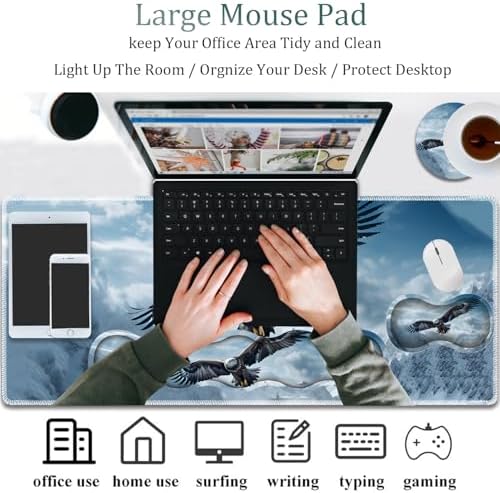 4 in 1 Mouse Pad Combo, Large Gaming Mouse Pad + Keyboard Wrist Support + Mouse Wrist Rest + Coaster, Table Pad 31.5 "x 11.8" with Memory Foam Ergonomic Wrist Pad Set, Eagles in The Sky