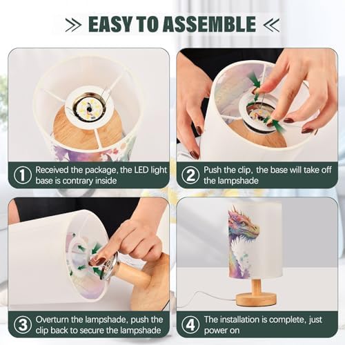 Bedside Lamp Watercolor Dragon Table Lamp for Bedroom LED Nightstand Lamp Shade USB Ports Wood Base for Living Room Dorm Office