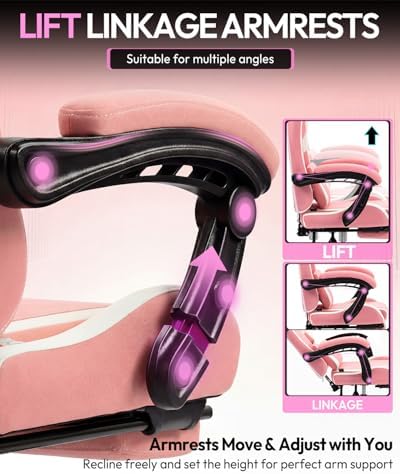 Dowinx Ergonomic Gaming Chair with Footrest & Massage Lumbar, 2D-Linkage Armrests for Computer Chair 330lbs with Headrest Pillow for Office, Home, Streaming and Long Gaming Sessions, Fabric Pink White