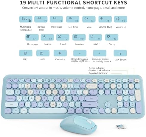 SkyGive Wireless Keyboard and Mouse Combo, Colorful Ergonomic Full Size Quiet Retro Low-Noise Keyboard with Cute Keycaps, Slim Design for Windows PC, Perfect for Home and Office (Serene Light Blue)